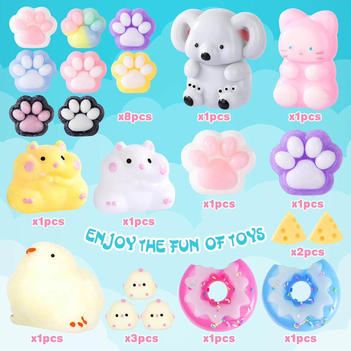Taba Squishy 20Pack, Fufu Squishy Fidget Toys Kit, Include Squishies Chick Toys, Cat Paws, Hamster, Stress Relief Toy, Squeeze Toys, Party Favors, Birthday Gift for Girls, Boys, Kids