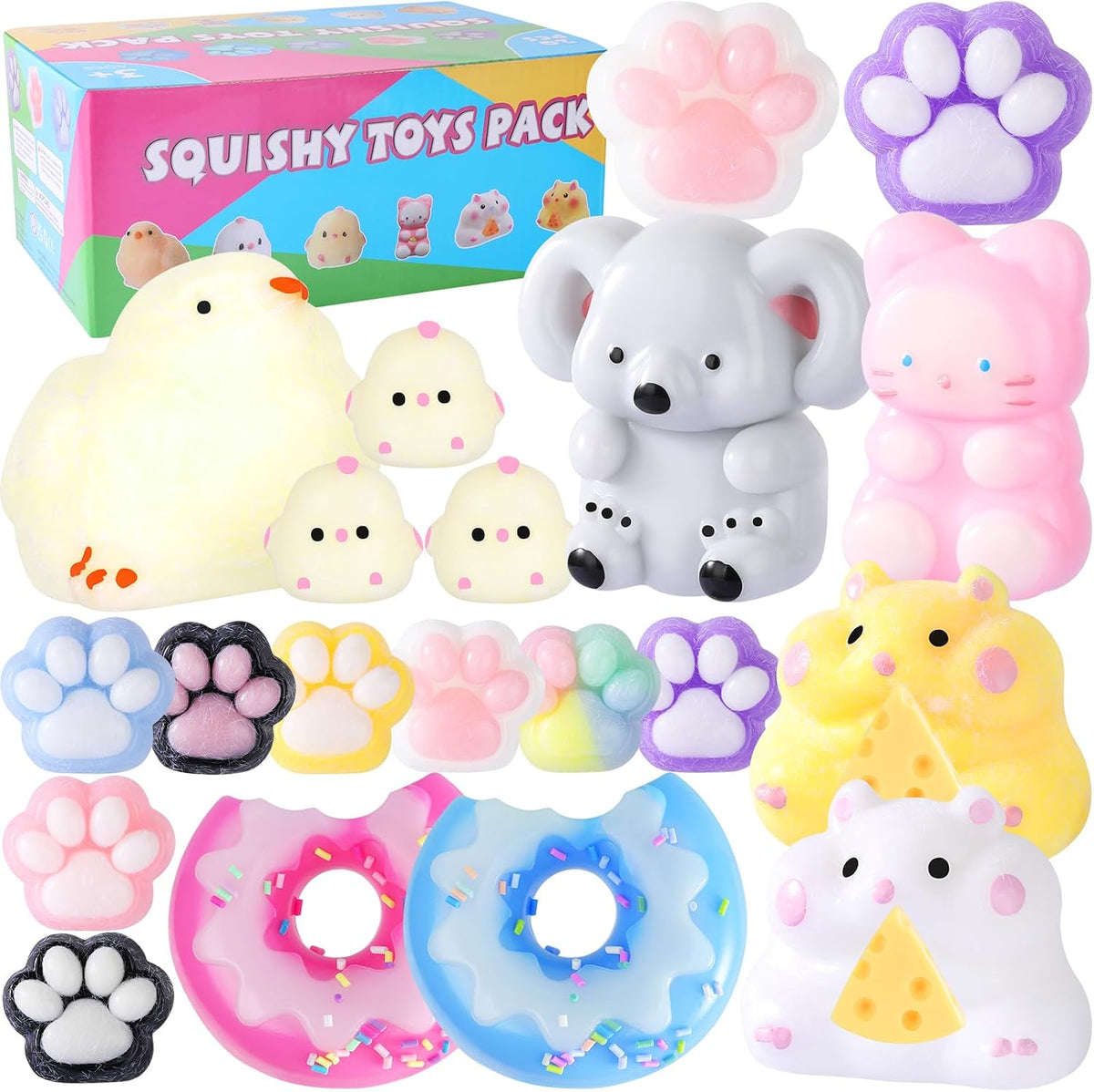 Taba Squishy 20Pack, Fufu Squishy Fidget Toys Kit, Include Squishies Chick Toys, Cat Paws, Hamster, Stress Relief Toy, Squeeze Toys, Party Favors, Birthday Gift for Girls, Boys, Kids
