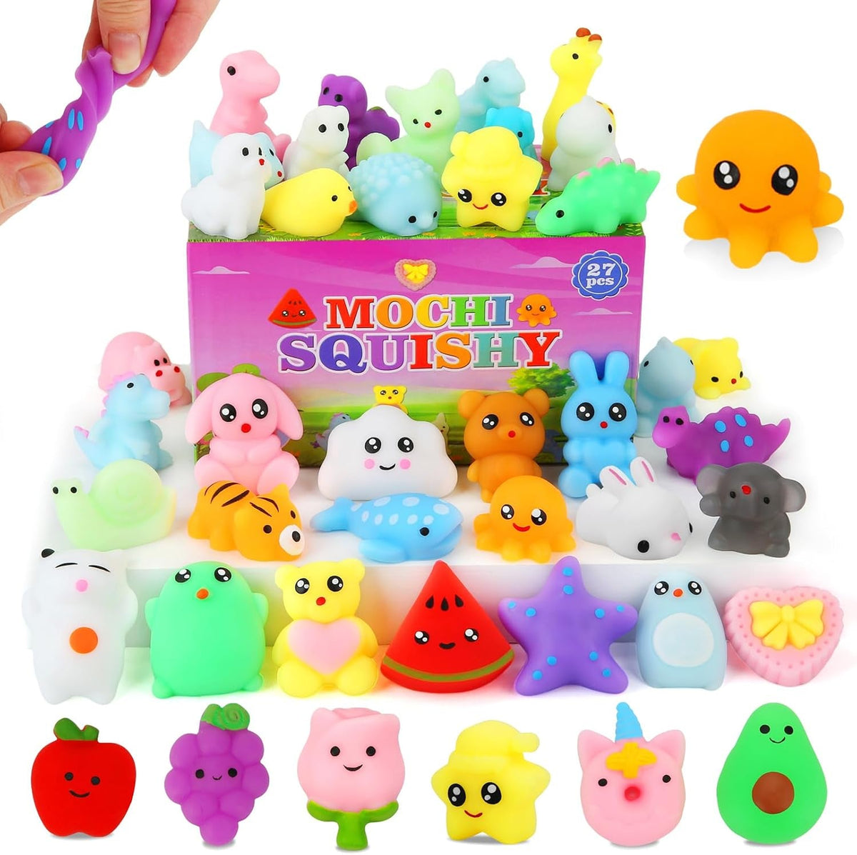 27 kawaii mini mochi squishies in the Squishy Party Pack