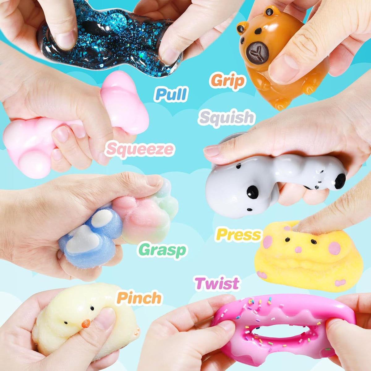 Taba Squishy 20Pack, Fufu Squishy Fidget Toys Kit, Include Squishies Chick Toys, Cat Paws, Hamster, Stress Relief Toy, Squeeze Toys, Party Favors, Birthday Gift for Girls, Boys, Kids