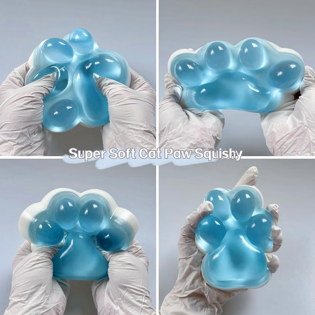 Fufu Big Cat Paw Squishy Toy 5 Inch Sticky Cat Paw Print Squishies Large Transparent Pinch Family Tuba Squishy Clear Jelly Blue Giant Squeeze Toy for Adults Stress Relief (Touming--Blue)